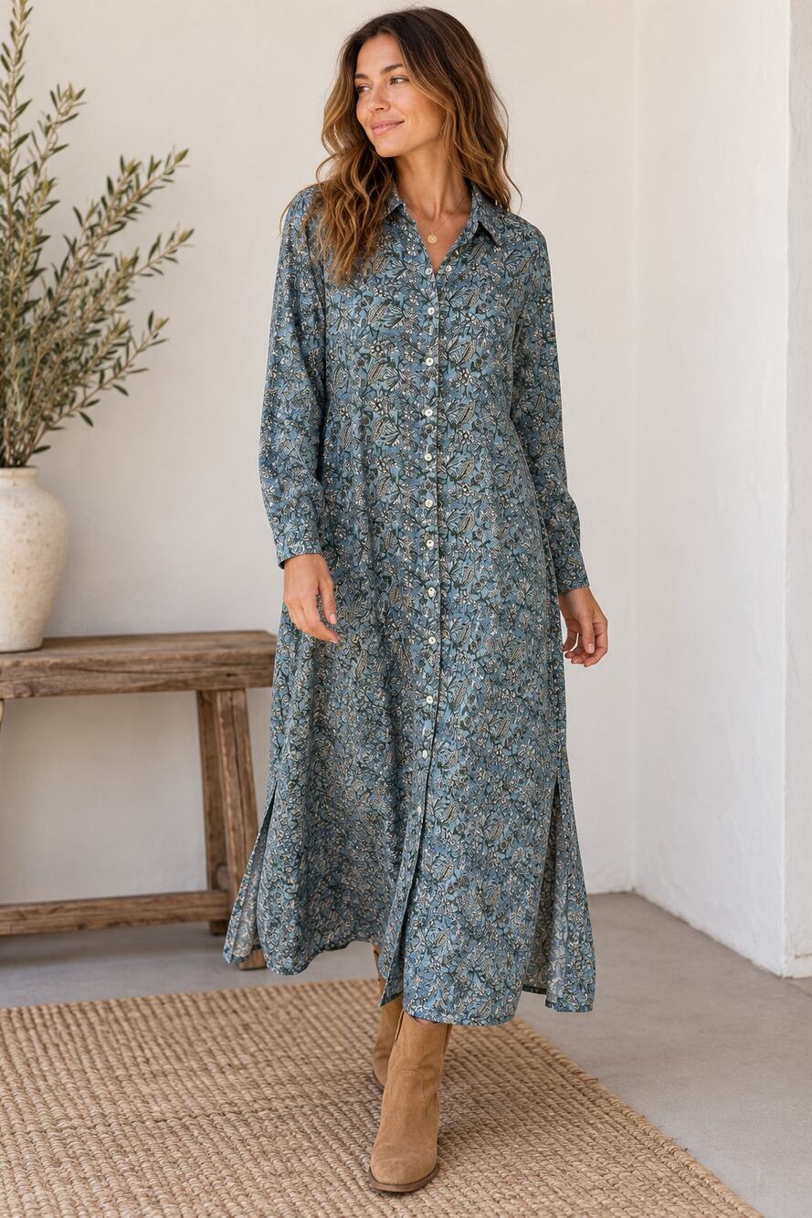 Natural Life Blue Floral Block Print Long Sleeve Maxi Shirt Dress Cotton XS/S